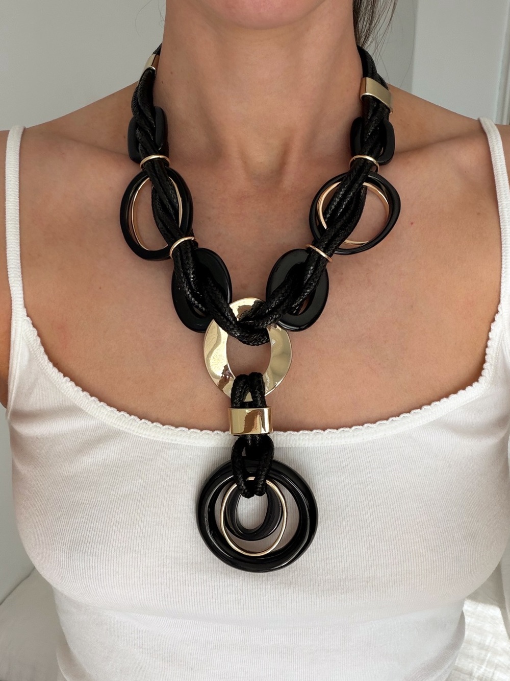 Chico’s Statement Boho Black.  & Gold Pendant Necklace